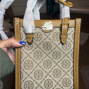 Tory Burch Tan and Brown Crossbody Bag with Leather Trim